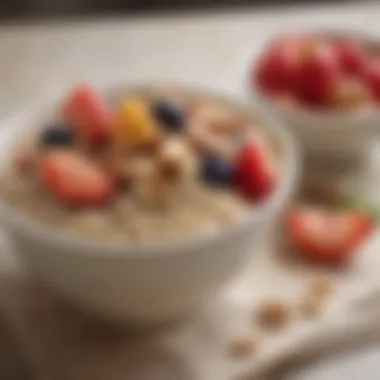 A beautifully styled bowl of oatmeal topped with fresh fruit and nuts.