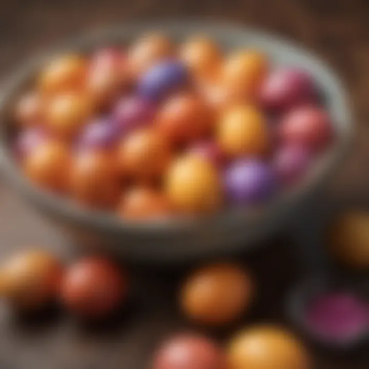 Close-up of brown eggs submerged in a bowl of colorful dye