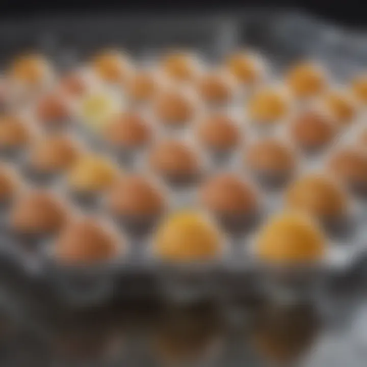 An ice cube tray filled with egg mixtures prepared for freezing