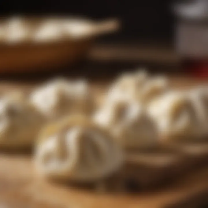 A close-up of freshly made dumpling dough resting on a wooden surface.