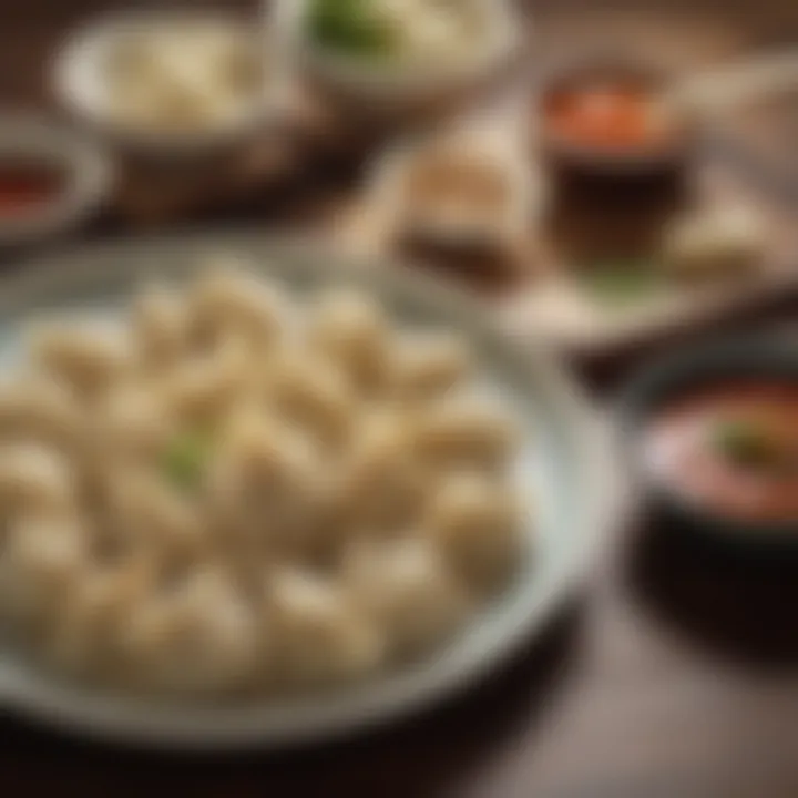 A beautifully arranged plate of dumplings with dipping sauce on the side.