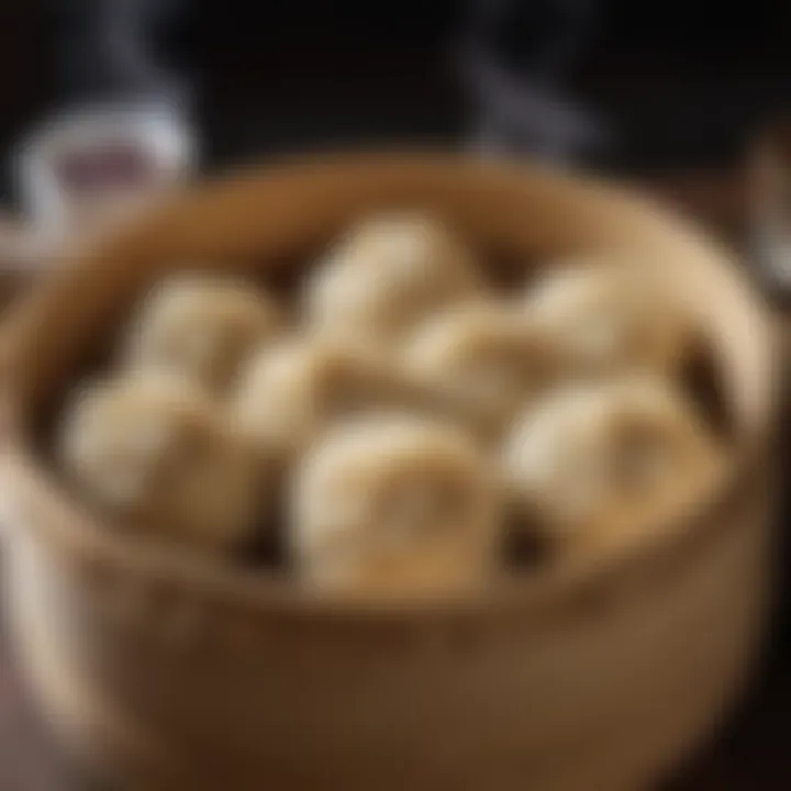 A steaming bamboo basket filled with perfectly cooked dumplings.