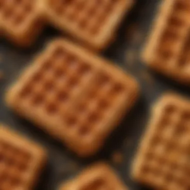 A close-up of golden-brown waffles stacked on a plate, showcasing their crispy texture.