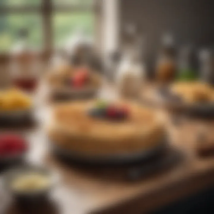 A well-organized kitchen countertop displaying essential waffle-making tools and ingredients.