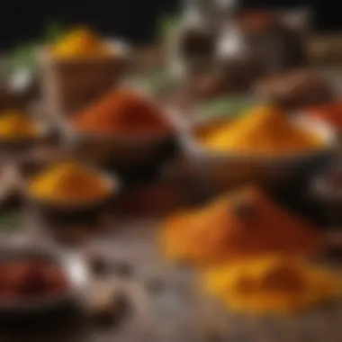 An array of spices with turmeric as the focal point, highlighting its unique color