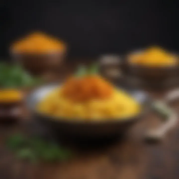 A beautifully plated dish featuring turmeric-infused rice garnished with herbs