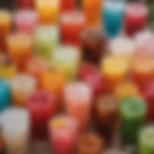 A colorful array of iced drinks with various flavors and vibrant colors