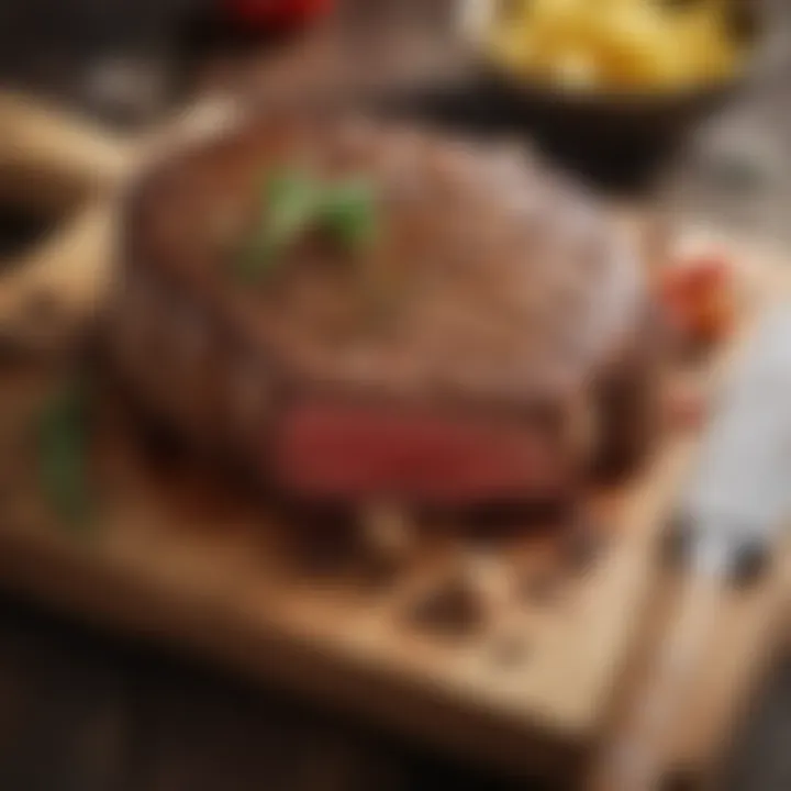 Close-up of a seasoned beef steak on a wooden board