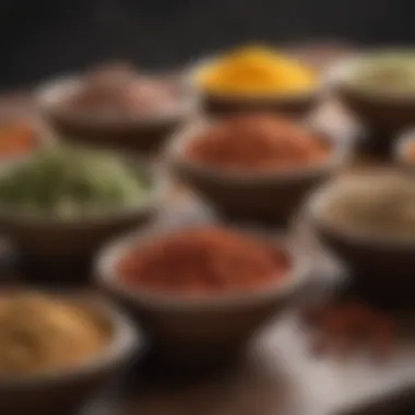 Seasoning blends in small bowls showcasing colors and textures