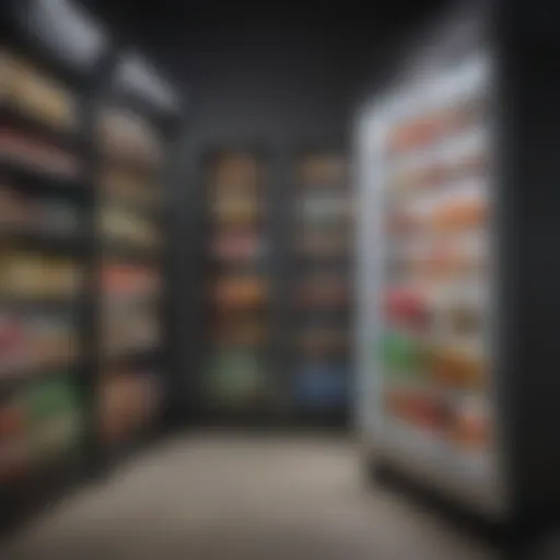 A scenic retail environment showcasing mini fridges on display.