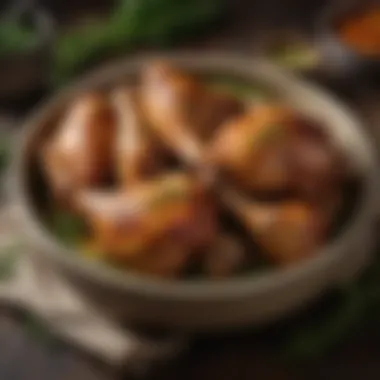 A slow-cooked chicken drumstick dish garnished with fresh herbs and served in a rustic bowl.