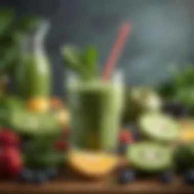 A refreshing green smoothie in a glass with a straw, surrounded by leafy greens and fruits