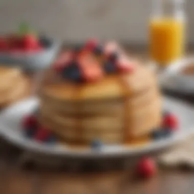 A stack of whole grain pancakes drizzled with maple syrup and adorned with berries