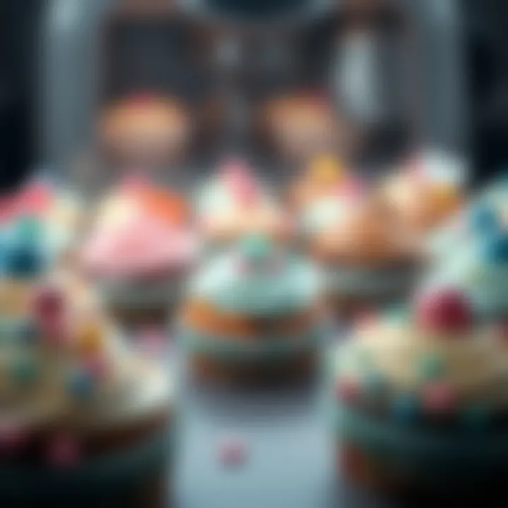 Creativity in Cupcake Decoration An array of beautifully decorated cupcakes produced by a baking machine