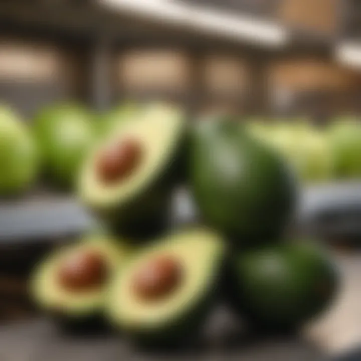 Fresh avocados stacked on a grocery shelf