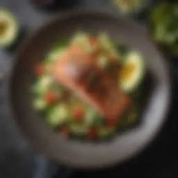 A beautifully arranged plate of grilled salmon with a side of avocado salad showcasing keto-friendly options.