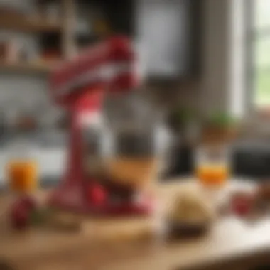 KitchenAid stand mixer in a vibrant kitchen setting with paddle in action