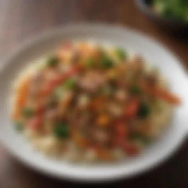 An elegantly arranged low-sodium stir-fry with colorful ingredients