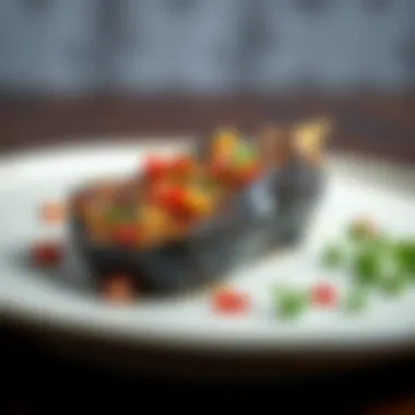 A beautifully plated dish featuring roasted eggplant with garnishes.