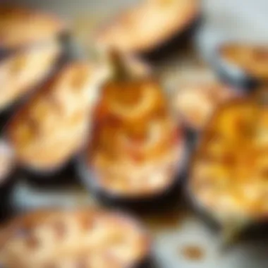 Close-up of perfectly roasted eggplant slices with a golden-brown crust.