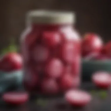 Vibrant Pickled Red Onions Vibrant pickled red onions in a glass jar