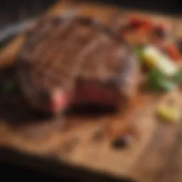 A perfectly grilled steak on a rustic wooden board