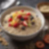 A bowl of beautifully cooked steel cut oats topped with fresh fruits and nuts