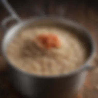 A close-up of steel cut oats simmering in a pot, showcasing their texture and consistency