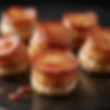 A close-up view of perfectly cooked bacon-wrapped scallops with crispy edges