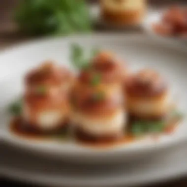 Elegant Presentation of Bacon-Wrapped Scallops A beautifully plated dish of bacon-wrapped scallops garnished with herbs
