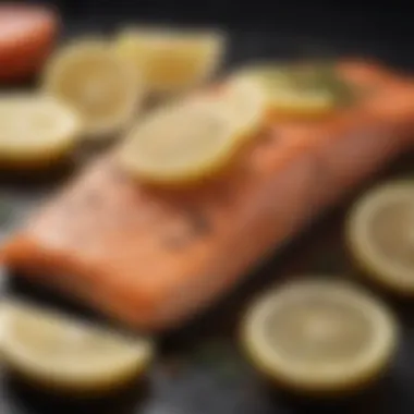 Oven-baked salmon garnished with lemon