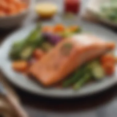 Colorful plate of salmon with seasonal vegetables