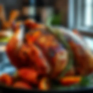 Elegantly Roasted Whole Chicken A beautifully roasted whole chicken garnished with herbs