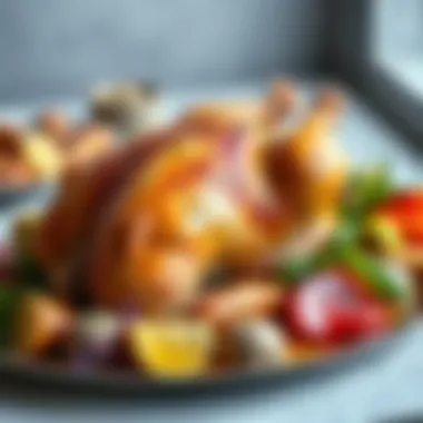 Whole Chicken Presentation on Platter A succulent whole chicken served on an elegant platter with sides