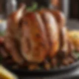 A perfectly grilled whole chicken on a platter, showcasing crispy skin and juicy meat.