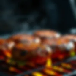 Juicy hamburger patties sizzling on the grill