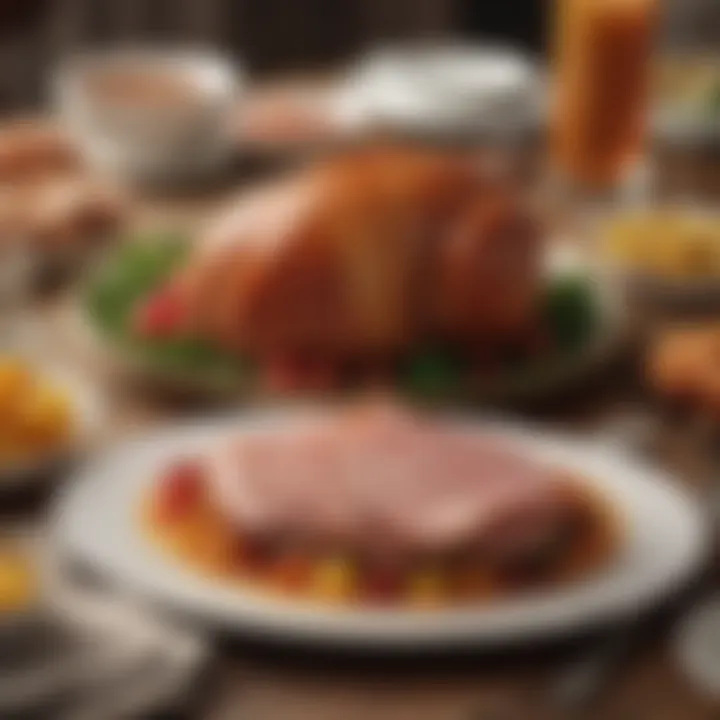 A beautifully set dining table featuring honey glazed ham and elegant side dishes