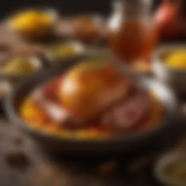 The Secret Ingredients for the Perfect Glaze A bowl of golden honey alongside various spices and condiments used for the glaze