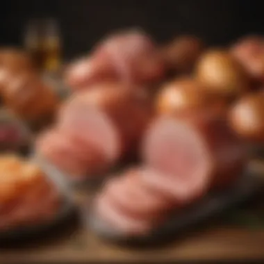 Selection of high-quality hams on display, highlighting different sizes and cuts