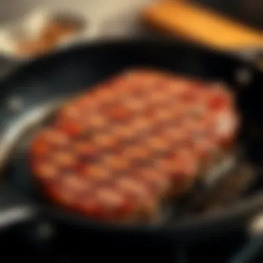 Searing Technique Searing technique demonstrated with the steak on a hot skillet