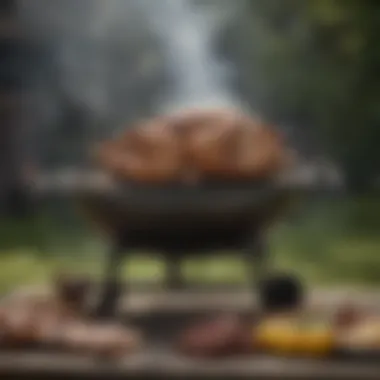 A pellet grill with smoke wafting as the turkey cooks