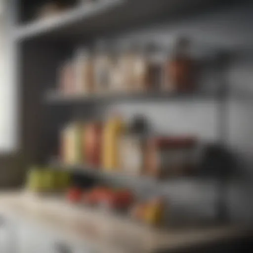 Elegant arrangement of metal pantry shelf organizers displaying various kitchen items