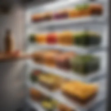 Efficient Meal Prep for Easy Access A visually appealing array of prepped meal containers in a fridge