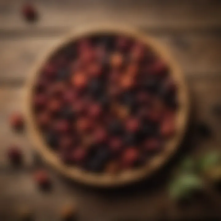 An assortment of dried and fresh mulberries presented on a rustic wooden table.