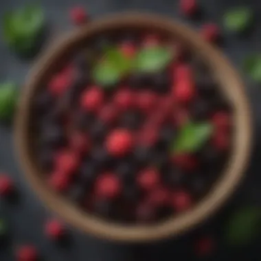 Close-up of a bowl filled with a colorful mulberry dish garnished with mint.