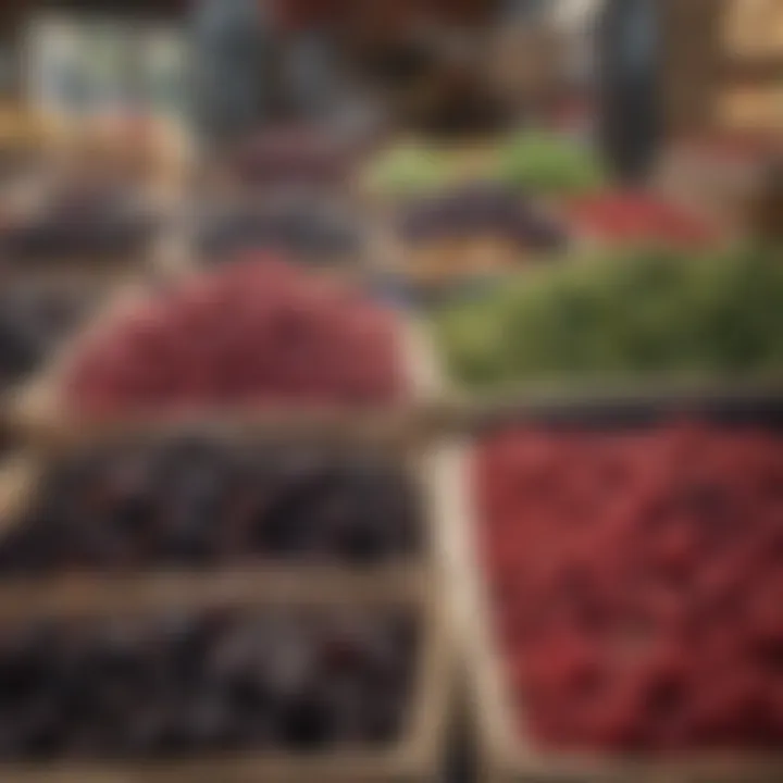 A vibrant local market stall overflowing with fresh mulberries and other fruits.