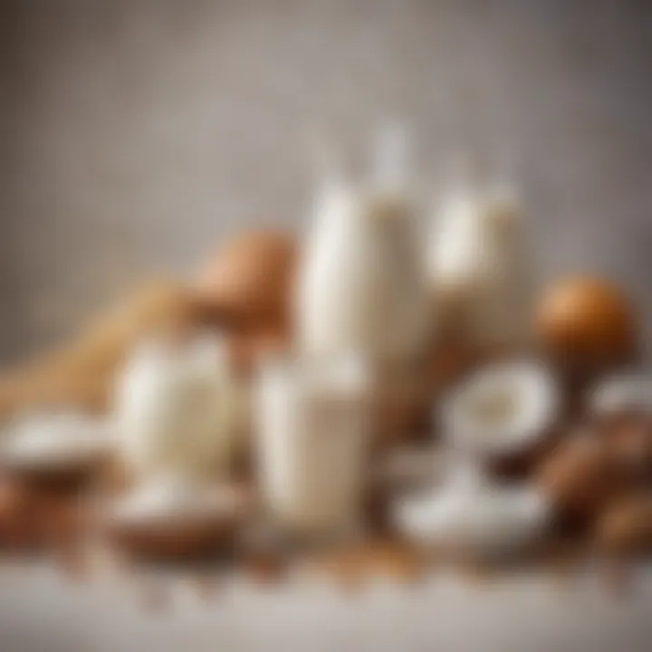 A vibrant assortment of dairy-free substitutes such as nut milk and coconut yogurt.