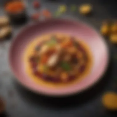 A colorful dish artistically plated with an unexpected blend of flavors, showcasing the beauty of improvisation.