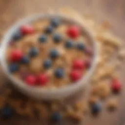 A bowl of whole grain cereal topped with fresh berries and nuts