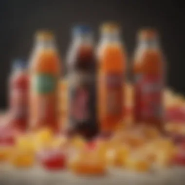 A collection of sugary drinks and their nutritional labels showcasing high sugar content.